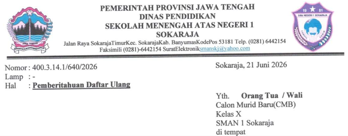 Pengumuman Daftar Ulang SPMB 2026-2027 SMA Negeri 1 Sokaraja