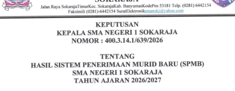 Pengumuman Keputusan Hasil Akhir SPMB 2026 SMA Negeri 1 Sokaraja